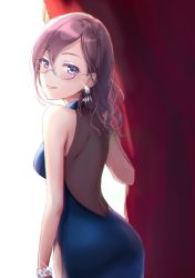 1girl anoa ass bad_id bad_pixiv_id blue_dress blue_eyes blush bracelet brown_hair commentary curtains dress earrings glasses idolmaster idolmaster_cinderella_girls jewelry long_dress looking_at_viewer looking_back medium_hair semi-rimless_eyewear side_slit sleeveless sleeveless_dress smile solo under-rim_eyewear yagami_makino