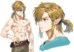 Rule 34 | 1boy, abs, belt, blonde hair, blue eyes, brown belt, closed mouth, commentary request, earrings, highres, jewelry, korean commentary, link, long hair, male focus, multiple views, nintendo, nipples, pants, pectorals, pointy ears, ponytail, portrait, samban doyo, scar, scar on chest, simple background, standing, the legend of zelda, the legend of zelda: breath of the wild, topless male, white background
