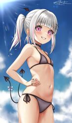 Rule 34 | 1girl, asumi sena, bikini, black collar, blunt bangs, blush, bow, breasts, cloud, collar, demon girl, demon tail, earrings, grey bikini, grey hair, grin, hair ornament, hands on own hips, head wings, heart collar, highres, jewelry, lipstick, long hair, looking at viewer, makeup, mini wings, multicolored hair, multiple tails, navel, pink eyes, pink hair, prsdubstep, ring, side-tie bikini bottom, skindentation, sky, small breasts, smile, solo, stomach, streaked hair, string bikini, stud earrings, swimsuit, tail, tail bow, tail ornament, twintails, virtual youtuber, vspo!, wings, x hair ornament