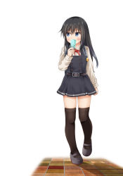 Rule 34 | 1girl, asashio (kancolle), black hair, black thighhighs, blue eyes, comiching, commentary request, crime prevention buzzer, dress, food, full body, grey footwear, highres, ice cream, kantai collection, long hair, long sleeves, looking to the side, mary janes, neck ribbon, pinafore dress, red ribbon, ribbon, school uniform, shirt, shoes, simple background, sleeveless, sleeveless dress, solo, thighhighs, tile floor, tiles, white background, white shirt