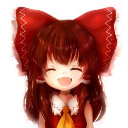 Rule 34 | 1girl, amano jack, ascot, bad id, bad pixiv id, bow, closed eyes, female focus, hair bow, hair tubes, hakurei reimu, highres, long hair, open mouth, orange hair, revision, simple background, smile, solo, touhou, transparent background, upper body, white background