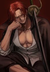 Rule 34 | 1boy, abs, absurdres, beard stubble, black coat, closed mouth, coat, collarbone, commentary request, facial hair, highres, male focus, mustache stubble, one eye closed, one piece, red hair, rokurnshu003, scar, scar across eye, scar on face, shanks (one piece), shirt, short hair, smile, solo, stubble, sword, weapon, white shirt