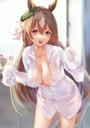 Rule 34 | 1girl, :d, absurdres, animal ears, blush, breasts, brown hair, cleavage, collarbone, collared shirt, commentary request, cowboy shot, dress shirt, ear ornament, grey hair, hair between eyes, half updo, highres, horse ears, indoors, large breasts, leaning forward, long hair, long sleeves, looking at viewer, multicolored hair, naked shirt, no bra, no pants, open mouth, partially unbuttoned, red eyes, satono diamond (umamusume), shirt, sleeves past fingers, sleeves past wrists, smile, solo, trophy, two-tone hair, uchida shou, umamusume, very long hair, white shirt, window