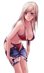 Rule 34 | 1girl, american flag bikini, american flag print, applekun, bent over, bikini, blue eyes, breasts, cleavage, commentary request, earrings, fate/grand order, fate (series), flag print, front-tie bikini top, front-tie top, hair down, highres, jewelry, large breasts, long hair, miyamoto musashi (fate), miyamoto musashi (fate/grand order), miyamoto musashi (swimsuit berserker) (fate), miyamoto musashi (swimsuit berserker) (second ascension) (fate), navel, open mouth, print bikini, shorts, simple background, smile, solo, straight hair, strap gap, swept bangs, swimsuit, teeth, torn clothes, torn shorts, undressing, white background, white hair