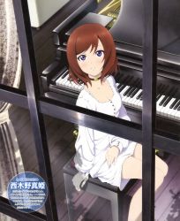 Rule 34 | 10s, 1girl, absurdres, arm support, bare legs, blouse, blush, breasts, buttons, character name, choker, cleavage, collarbone, couch, curtains, floor, frilled skirt, frills, glass, highres, instrument, lap, legs, long sleeves, looking away, looking outside, looking up, love live!, love live! school idol project, medium breasts, miniskirt, murota yuuhei, nishikino maki, non-web source, official art, parted lips, piano, piano bench, purple eyes, red hair, shade, shirt, short hair, sitting, skirt, solo, swept bangs, teeth, thighs, watermark, wheel, window