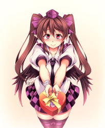 Rule 34 | 1girl, bandages, bandaid, bandaid on arm, bandaid on hand, bird wings, black thighhighs, black wings, blush, bow, box, brown hair, candy, checkered clothes, checkered skirt, chocolate, chocolate heart, commentary request, condom, cuts, food, gift, gift box, hair bow, hat, hata-tan (rui (hershe)), heart, himekaidou hatate, injury, long hair, looking at viewer, low wings, necktie, outstretched arms, pink eyes, pointy ears, puffy short sleeves, puffy sleeves, self-harm, shirt, short sleeves, skirt, smile, solo, thigh beads, thighhighs, tokin hat, touhou, twintails, valentine, very long hair, windart, wings, zettai ryouiki