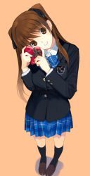 Rule 34 | 10s, 1girl, black thighhighs, blazer, brown eyes, brown hair, head tilt, heart, jacket, loafers, long hair, mibu natsuki, ogiso setsuna, open mouth, plaid, plaid skirt, school uniform, shoes, skirt, smile, solo, thighhighs, twintails, two side up, valentine, white album (series), white album 2
