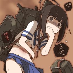 Rule 34 | 10s, 1girl, @ @, blue skirt, bruise, covering own mouth, fubuki (kancolle), highres, injury, kantai collection, midriff, navel, nns (sobchan), panties, pleated skirt, school uniform, serafuku, skirt, solo, tears, torn clothes, underwear, white panties