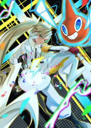 Rule 34 | 1girl, absurdres, armband, black footwear, black necktie, blonde hair, blurry, boots, colored eyelashes, commentary request, creatures (company), electricity, eyelashes, game freak, gen 4 pokemon, gloves, green eyes, hatsune miku, highres, holding, jumpsuit, long hair, necktie, nintendo, parted lips, pokemon, pokemon (creature), project voltage, red gloves, rotom, rotom (normal), sidelocks, smile, taiju (gr09kuma), twintails, vocaloid, white jumpsuit