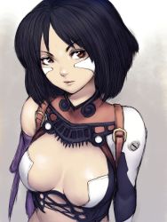 Rule 34 | 1girl, black hair, breasts, brown eyes, cleavage, fumio (rsqkr), alita, lips, short hair, solo, upper body