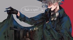 Rule 34 | 1boy, araya (hachino araya), black gloves, cape, cape lift, cuffs, dungeon, edmond dantes (fate), fate/grand order, fate (series), fedora, finger to mouth, french text, gloves, handcuffs, hat, index finger raised, male focus, short hair, silver hair, simple background, smile, solo, speech bubble, torch, two-tone background, wavy hair, yellow eyes