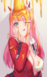 Rule 34 | 1girl, :q, bikini, bikini under clothes, blunt bangs, blush, breasts, cleavage, commission, darling in the franxx, gradient background, green eyes, grey background, hairband, hand on own face, highres, honey, jacket, kangbus, large breasts, long hair, long sleeves, looking at viewer, nail polish, open clothes, open shirt, pink hair, pixiv commission, red jacket, red nails, smile, solo, swimsuit, tongue, tongue out, upper body, white bikini, white hairband, zero two (darling in the franxx)