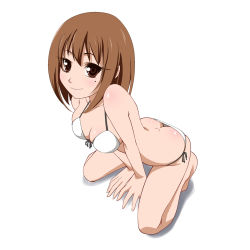 Rule 34 | 10s, 1girl, ai mai! moe can change!, arm support, bad id, bad pixiv id, bikini, breasts, brown eyes, brown hair, butt crack, cleavage, eyelashes, front-tie top, hayashi custom, kneeling, moe can change!, mole, myroid, side-tie bikini bottom, simple background, small breasts, smile, solo, swimsuit