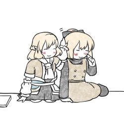 Rule 34 | 2girls, arm warmers, bad id, bad pixiv id, black footwear, blonde hair, blush, book, bow, braid, brown dress, closed eyes, dress, finger to face, french braid, hair bow, hand on another&#039;s head, happy, headpat, kurodani yamame, long sleeves, looking at another, lowres, mizuhashi parsee, multiple girls, pointy ears, ponytail, sabakan (iizuka48), scarf, seiza, shoes, short sleeves, side-by-side, simple background, sitting, skirt, smile, touhou, turtleneck, white background, yokozuwari