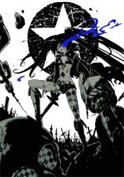 Rule 34 | 10s, 1girl, acm, arm cannon, bad id, bad pixiv id, belt, bikini, bikini top only, black hair, black rock shooter, black rock shooter (character), boots, chain, coat, cross, female focus, flat chest, glowing, glowing eyes, greyscale, huge weapon, long hair, midriff, mmk, monochrome, navel, scar, shorts, skull, smile, solo, spot color, swimsuit, sword, twintails, vocaloid, weapon