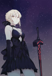 Rule 34 | 1girl, artoria pendragon (fate), black dress, black gloves, black ribbon, blonde hair, braid, breasts, choker, cleavage, dress, fate/grand order, fate/stay night, fate (series), female focus, french braid, gloves, gothic lolita, hair ribbon, highres, lolita fashion, looking at viewer, nesume, night, night sky, outdoors, ribbon, saber (fate), saber alter, sky, solo, star (sky), starry sky, sword, weapon, yellow eyes