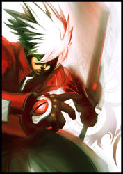 Rule 34 | arc system works, blazblue, crest, gloves, heterochromia, japanese clothes, male focus, ragna the bloodedge, silver hair, sword, weapon