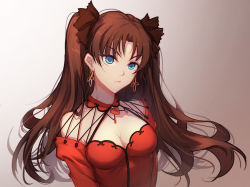 Rule 34 | 1girl, bare shoulders, blue eyes, breasts, brown hair, cleavage, dress, earrings, fate/stay night, fate (series), female focus, hair ribbon, jewelry, long hair, medium breasts, minhoo, official alternate costume, red dress, ribbon, solo, tohsaka rin, tohsaka rin (formalcraft), two side up, upper body