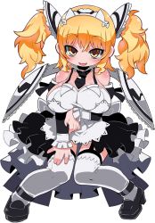 Rule 34 | 1girl, apron, arm grab, black footwear, black necktie, blonde hair, blush, brave sword x blaze soul, breasts, detached collar, detached sleeves, full body, garter straps, headdress, large breasts, long hair, looking at viewer, maid, maid apron, maid headdress, necktie, official art, open mouth, showgirl skirt, simple background, solo, strappy heels, thighhighs, twintails, white background, white thighhighs, wings, yellow eyes, zankuro
