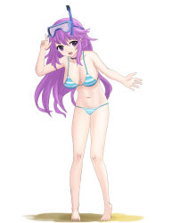 Rule 34 | 1girl, absurdres, adult neptune, bare shoulders, barefoot, bikini, breasts, feet, female focus, full body, goggles, highres, large breasts, long hair, matching hair/eyes, neptune (neptunia), neptune (series), purple eyes, purple hair, solo, standing, striped bikini, striped clothes, swimsuit, thighs, toes, u62185 (artist)