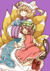 Rule 34 | 2girls, :d, animal ear fluff, animal ears, animal hat, blonde hair, blush, breasts, brooch, brown hair, cat ears, cat tail, chen, closed mouth, commentary request, dress, earrings, eyelashes, fox tail, frilled skirt, frills, full body, gradient eyes, hat, highres, jewelry, kitsune, kyuubi, large breasts, light blush, long sleeves, looking at viewer, midair, mob cap, multicolored eyes, multiple girls, multiple tails, natsushiro, open hands, open mouth, own hands together, petticoat, purple background, red footwear, red skirt, red vest, shirt, shoes, short hair, simple background, sitting, skirt, smile, tabard, tail, tassel, teeth, texture, thick eyebrows, tongue, touhou, turtleneck, two tails, vest, white dress, white shirt, wide sleeves, yakumo ran, yellow eyes