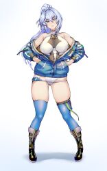 Rule 34 | 1girl, absurdres, bare shoulders, black footwear, blue hair, blue jacket, blue thighhighs, blush, boots, breasts, depo (typebaby505), full body, gradient background, green eyes, hands in pockets, highres, jacket, knee boots, large breasts, leotard, long hair, long sleeves, looking at viewer, off shoulder, original, parted lips, partially unzipped, ponytail, simple background, smile, solo, standing, thighhighs, thighs, white leotard