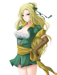 Rule 34 | 1girl, bad id, bad pixiv id, bike shorts, black shorts, blonde hair, blue eyes, breasts, brown gloves, castlevania (series), cleavage, collarbone, cowboy shot, elbow gloves, gloves, green ribbon, hair ribbon, hand on own hip, highres, konami, kukua (mosushi), long hair, maria renard, medium breasts, parted lips, ponytail, ribbon, shorts, simple background, solo, standing, very long hair, white background
