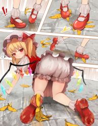 Rule 34 | 1girl, accident, all fours, banana peel, blonde hair, bloomers, blush, bow, commission, crystal, fallen down, flandre scarlet, frilled shirt collar, frilled skirt, frilled sleeves, frills, frown, hair between eyes, hair bow, hat, looking at viewer, looking back, mary janes, mob cap, outdoors, pixiv commission, red bow, red eyes, red footwear, shoe soles, shoes, side ponytail, skirt, slipping, solarisu, solo, touhou, underwear, white hat, wings