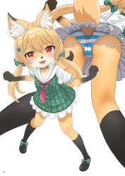 Rule 34 | 1girl, absurdres, animal ear fluff, animal ears, animal nose, ass, black footwear, black socks, blonde hair, blue panties, bow, breasts, cameltoe, cleft of venus, clothing cutout, commentary request, commission, dress, fangs, footwear bow, fox ears, fox girl, fox tail, furry, furry female, green bow, green dress, hair between eyes, hair ornament, highres, kneehighs, long hair, looking at viewer, mtu virus, multiple views, nao suke, open mouth, orange fur, original, panties, plaid, plaid dress, red eyes, short dress, short sleeves, simple background, skeb commission, small breasts, socks, star (symbol), star hair ornament, striped clothes, striped panties, tail, tail through clothes, twintails, underwear, vrchat, white background