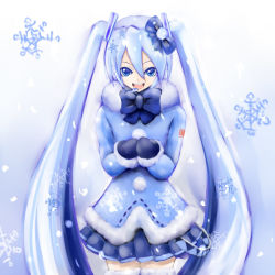 Rule 34 | 1girl, 2 abrage, blue eyes, blue hair, bow, hatsune miku, headset, long hair, matching hair/eyes, mittens, open mouth, skirt, snow, snowflakes, solo, twintails, very long hair, vocaloid, yuki miku