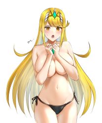 Rule 34 | 1girl, artist request, bikini, bikini bottom only, black panties, blonde hair, blush, breasts, covering breasts, covering privates, highres, huge breasts, long hair, looking at viewer, mythra (xenoblade), navel, open mouth, panties, simple background, solo, swept bangs, swimsuit, topless, underwear, underwear only, very long hair, white background, xenoblade chronicles (series), xenoblade chronicles 2, yellow eyes