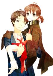 Rule 34 | 1boy, 1girl, adachi tooru, atlus, bad id, bad pixiv id, borrowed clothes, brown eyes, brown hair, carrying, child, doujima nanako, dress, formal, grove grove, hair ribbon, jacket, necktie, one eye closed, open mouth, persona, persona 4, ribbon, short hair, short twintails, smile, socks, suit, twintails, wink