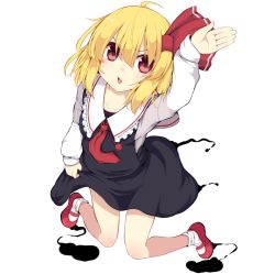 Rule 34 | 1girl, ahoge, arm up, black skirt, blonde hair, blush, bow, collarbone, commentary request, fang, full body, hair between eyes, hair bow, lolimate, long sleeves, looking at viewer, mary janes, necktie, open mouth, red bow, red eyes, red footwear, red necktie, rumia, shoes, short hair, simple background, skirt, skirt hold, skirt set, socks, solo, touhou, white background, white socks