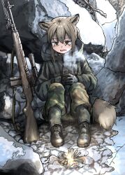 Rule 34 | 1girl, animal ears, boots, campfire, folded hands, fox ears, fox girl, fox girl (yihan1949), fox tail, gun, highres, military uniform, on ground, original, rifle, scope, sniper rifle, snow, steam from mouth, tail, uniform, weapon, yihan1949
