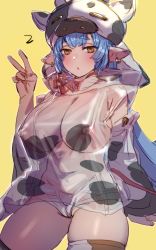 Rule 34 | 1girl, animal print, blue hair, blush, bow (bhp), breasts, catura (granblue fantasy), caundhula (granblue fantasy), covered erect nipples, cow hat, cow print, ear piercing, granblue fantasy, hand up, hood, hoodie, large breasts, long hair, looking at viewer, nipples, no bra, open mouth, piercing, pointy ears, see-through, short shorts, shorts, simple background, solo, thick eyebrows, v, yellow background, yellow eyes