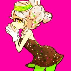 Rule 34 | 1girl, bare shoulders, black dress, commentary request, detached collar, dress, earrings, eyelashes, fang, from side, gloves, green pantyhose, grey hair, inkling, jewelry, lowres, marie (splatoon), nintendo, open mouth, pantyhose, pink background, short hair, simple background, solo, splatoon (series), tentacle hair, tora kaede, white gloves, yellow eyes