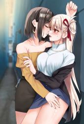 Rule 34 | 2girls, black hair, blonde hair, blush, closed eyes, commentary request, earrings, hand on another&#039;s thigh, highres, inoue takina, jewelry, kabedon, lemon t, long hair, lycoris recoil, multiple girls, nishikigi chisato, parted lips, red eyes, short hair, sweatdrop, thighs, tongue, yuri