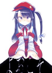 Rule 34 | 1girl, bow, cabbie hat, detached sleeves, flat cap, hat, highres, japanese clothes, kneeling, label girl (dipp), long hair, mandarin collar, miko, off shoulder, purple eyes, purple hair, red hat, red neckwear, red ribbon, red skirt, ribbon, side ponytail, skirt, star (symbol), touhou, vest, wadante, white bow, white sleeves, white vest, wide sleeves