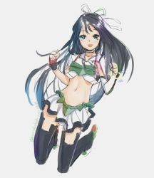 Rule 34 | 1girl, asymmetrical gloves, black hair, black thighhighs, blue hair, blush, clenched hand, commentary request, dated, elbow gloves, fingerless gloves, gloves, gradient hair, green eyes, hair ribbon, japanese clothes, kangoku kou, kantai collection, katsuragi (kancolle), kneeling, long hair, looking at viewer, midriff, multicolored hair, navel, one-hour drawing challenge, open mouth, panties, remodel (kantai collection), ribbon, smile, solo, teeth, thighhighs, twitter username, underwear, uneven gloves, white background