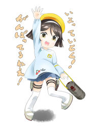 Rule 34 | 10s, 1girl, :d, anchor symbol, bad id, bad pixiv id, barrel, black hair, blue skirt, brown hair, canister, cherry print, child, drum (container), food print, full body, hairband, hat, jumping, kantai collection, kataka (katakata kakkou), kindergarten uniform, leg up, long sleeves, looking at viewer, name tag, open mouth, pleated skirt, sandals, shadow, short hair, skirt, smile, socks, solo, standing, standing on one leg, tanikaze (kancolle), torpedo, waving, white background, yellow eyes, aged down