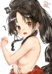 Rule 34 | 1girl, armpits, black hair, breasts, brown eyes, hair ornament, hair ribbon, hair tie, headgear, high ponytail, highres, kantai collection, long hair, multi-tied hair, nipples, nisshin (kancolle), open mouth, petite, red ribbon, ribbon, short eyebrows, simple background, small breasts, solo, thick eyebrows, toka (marchlizard), very long hair, white background