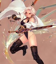 Rule 34 | 00s, 1girl, bad id, bad pixiv id, bare shoulders, black footwear, black leotard, black thighhighs, blush, boots, breasts, brown background, cape, cleavage, company name, dungeon and fighter, earrings, female focus, female pubic hair, female slayer (dungeon and fighter), fighting stance, fingerless gloves, gloves, happening18, high heel boots, high heels, holding, holding sword, holding weapon, jewelry, knee pads, large breasts, leotard, lips, looking at viewer, outstretched arm, partially visible vulva, pubic hair, red eyes, short hair, solo, sword, sword master (dungeon and fighter), swordmaster (dungeon and fighter), thighhighs, thong, thong leotard, watermark, weapon, white hair