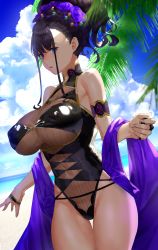 Rule 34 | 1girl, armlet, bad id, bad pixiv id, bare shoulders, beach, black gloves, black one-piece swimsuit, blue sky, breasts, covered navel, day, fate/grand order, fate (series), fingerless gloves, flower, giji (gishi2186), gloves, gold trim, hair flower, hair ornament, hair up, half gloves, highleg, highleg swimsuit, highres, large breasts, long hair, looking at viewer, murasaki shikibu (fate), murasaki shikibu (swimsuit rider) (fate), murasaki shikibu (swimsuit rider) (first ascension) (fate), one-piece swimsuit, palm tree, parted lips, purple eyes, purple hair, shore, sky, swimsuit, thighs, tree
