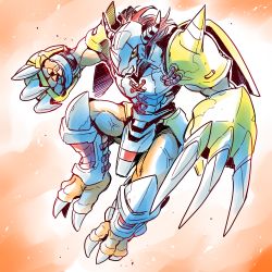 Rule 34 | armor, claw (weapon), digimon, digimon (creature), digimon adventure, faulds, full body, green eyes, helm, helmet, ishiyumi, no humans, red hair, shin guards, shoulder pads, wargreymon, weapon