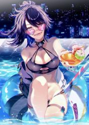 Rule 34 | 1girl, bikini, black bikini, black collar, black hair, blue hair, breasts, cherry, cleavage, cocktail glass, collar, colored inner hair, cup, drinking glass, food, fruit, head tilt, heart, heart-shaped eyewear, highres, holding, holding cup, indie virtual youtuber, innertube, kson, large breasts, multicolored hair, navel, night, night sky, open mouth, purple eyes, rait visual works, sitting, sky, skyline, solo, souchou, sunglasses, swim ring, swimsuit, thigh strap, virtual youtuber