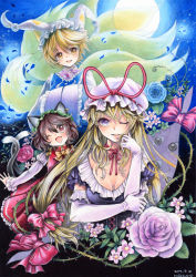 Rule 34 | 3girls, animal ears, animal hat, blonde hair, blue flower, blue rose, bodice, breasts, brown hair, cat ears, cat tail, chen, choker, cleavage, colored pencil (medium), dated, dress, earrings, elbow gloves, eyeball, eyelashes, fang, flower, fox tail, full moon, gap (touhou), gloves, gradient background, twirling hair, hand on own face, hands in opposite sleeves, hat, hat ribbon, hat with ears, head tilt, highres, jewelry, juliet sleeves, long hair, long sleeves, mob cap, moon, mosho, multiple girls, multiple tails, nekomata, one eye closed, painting (medium), parted lips, mob cap, pink flower, pink rose, puffy sleeves, purple eyes, purple flower, purple rose, red eyes, ribbon, ribbon choker, rose, short hair, short sleeves, signature, single earring, tabard, tail, thorns, touhou, traditional media, upper body, very long hair, watercolor (medium), white gloves, yakumo ran, yakumo yukari, yellow eyes