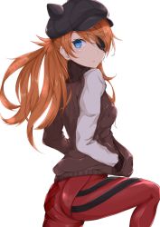 Rule 34 | 1girl, artist request, ass, blue eyes, bodysuit, bodysuit under clothes, breasts, brown hair, evangelion: 3.0 you can (not) redo, expressionless, eyepatch, hands in pockets, hat, highres, jacket, long hair, looking at viewer, looking back, neon genesis evangelion, plugsuit, rebuild of evangelion, red bodysuit, shiny clothes, simple background, solo, souryuu asuka langley, white background, wide hips
