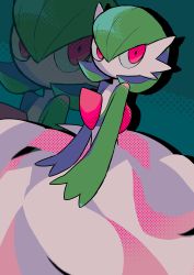 Rule 34 | 1girl, absurdres, aqua background, bob cut, colored skin, creatures (company), drop shadow, female focus, flat chest, game freak, gardevoir, gen 3 pokemon, green hair, green skin, hair between eyes, highres, looking to the side, multicolored skin, nintendo, no mouth, pokefia, pokemon, pokemon (creature), red eyes, short hair, sitting, solo, two-tone skin, white skin, zoom layer