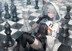 Rule 34 | 1girl, absurdres, animal ears, arknights, black gloves, board game, breasts, chess, chess piece, chessboard, coat, frostnova (arknights), gloves, grey eyes, grey hair, hair ornament, hair over one eye, hairclip, highres, jacket, long hair, looking at viewer, rabbit ears, rabbit girl, scar, scar on face, scar on nose, shirt, small breasts, smile, solo, welt (kinsei koutenkyoku), white coat, white hair