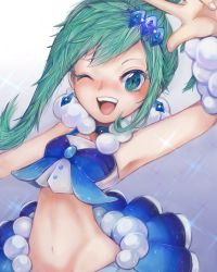 Rule 34 | 1girl, ;d, aqua eyes, aqua hair, breasts, choker, colored eyelashes, creatures (company), earrings, game freak, groin, hair ornament, highres, hip bones, jewelry, lisia (pokemon), long hair, looking at viewer, midriff, navel, nintendo, one eye closed, open mouth, pokemon, pokemon oras, ponytail, sidelocks, simple background, small breasts, smile, stomach, upper body, v, yellowking hiro